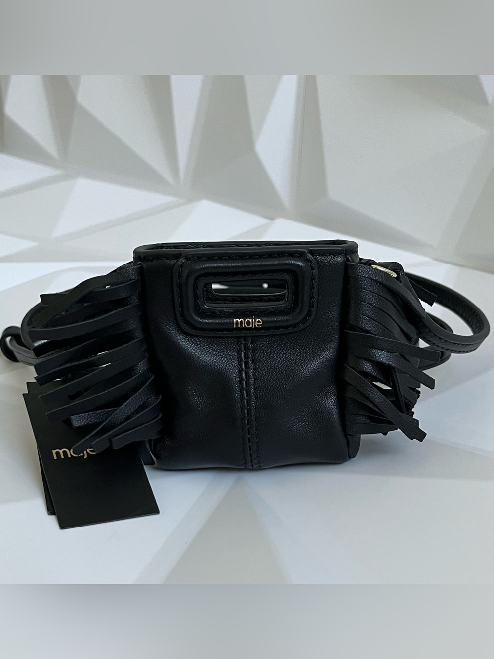 Maje M Nano Black Leather Fringe Mini Crossbody Bag NWT
